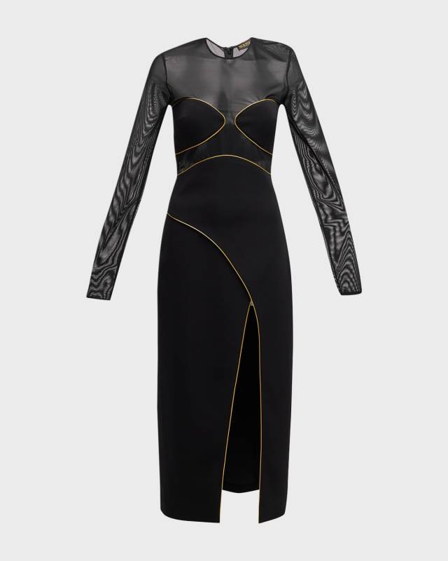 Long-Sleeve Cady Illusion Midi Dress